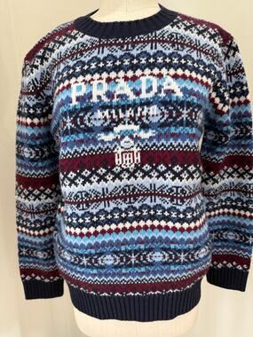 Prada Womens 42 wool crewneck sweater Navy 2022 Girocollo logo Fair Isle